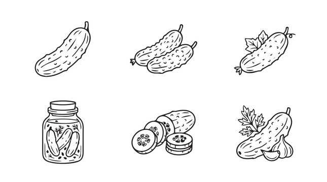 Cucumber vegetable and pickle set line art graphic icons with cucumber vegetable ingredient culinary preparation nutrition illustration collection monochrome isolated fermented preserves