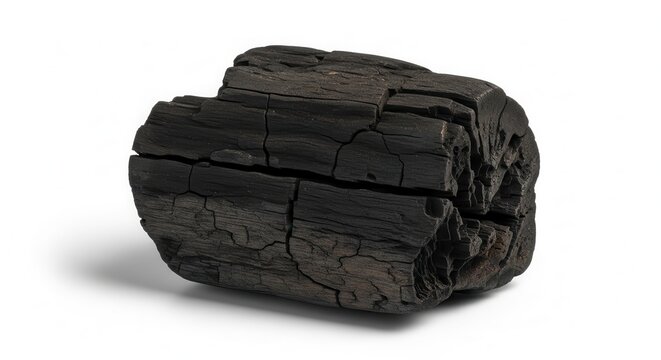 A single piece of charcoal isolated on a white background.
