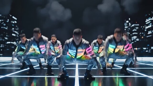 Energetic Dance Crew Performs Synchronized Moves on Futuristic Grid Stage.