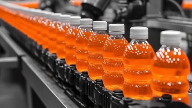 selective focus factory producing natural sugar free organic soft drinks with automated mixing and bottling machines