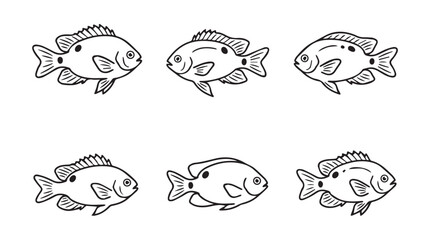 Obraz premium Set of stylized fish sketches with wildlife creature illustration collection isolated swimming freshwater saltwater underwater monochrome minimalist creative vertebrate