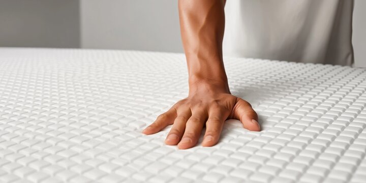 Close-up of a hand pressing into a white mattress with a textured grid pattern