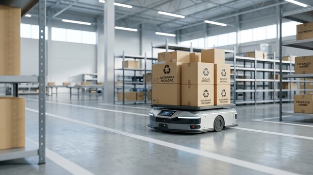 Autonomous mobile robot transporting sustainable cardboard boxes with recycling symbols in modern automated warehouse facility, logistics and supply chain technology innovation