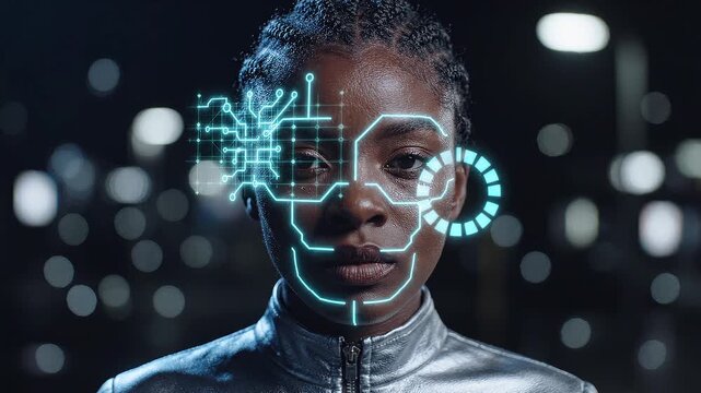 Woman with glowing blue circuit patterns and silver jacket against bokeh city lights