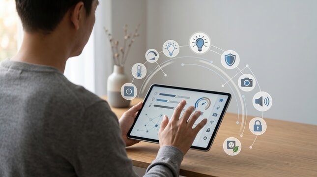 Man using tablet computer to control smart home automation system icons, adjusting lighting temperature security and appliances remotely, modern connected house technology and