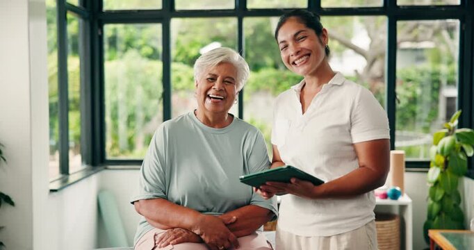 Face, physical therapy and consultation with tablet for old woman, laugh and medical results on web. Happy, people and physiotherapist with tech for diagnosis, senior patient and rehabilitation