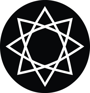 Nine pointed star geometric emblem in white outline on circular black solid background art.