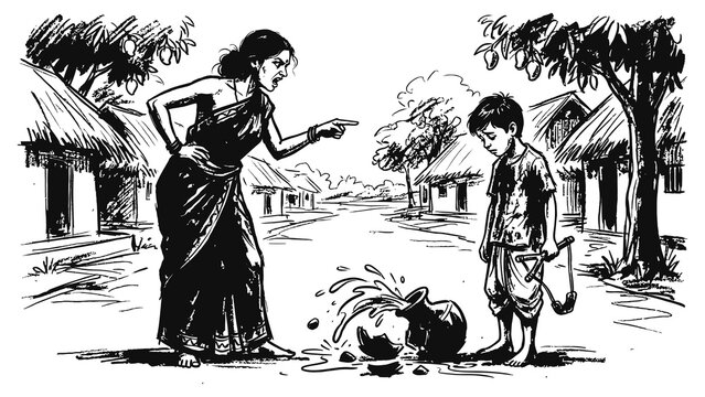 Woman scolding a boy standing beside a fallen bucket in a village