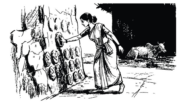 Woman examines ancient stone wall carvings at night with cows nearby