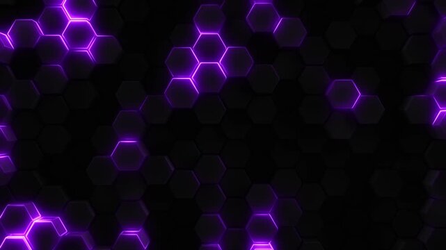 Brilliant beams of light in a colorful rainbow over dark black hexagons. 3d rendered hex shapes moving in a smooth loop highlighted with an aura of glowing lighting in a spectrum of vivid colours.