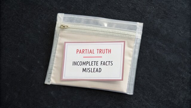 Creative representation of partial truth shown through a pouch containing labels highlighting incomplete facts and misleading information in a visually striking manner.