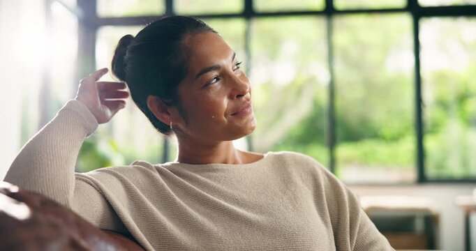 Home, daydream and woman on couch, happy and relax in living room, thinking and comfortable on break. Calm, reflection and person with smile for thoughts, remember or rest on weekend, flare and peace
