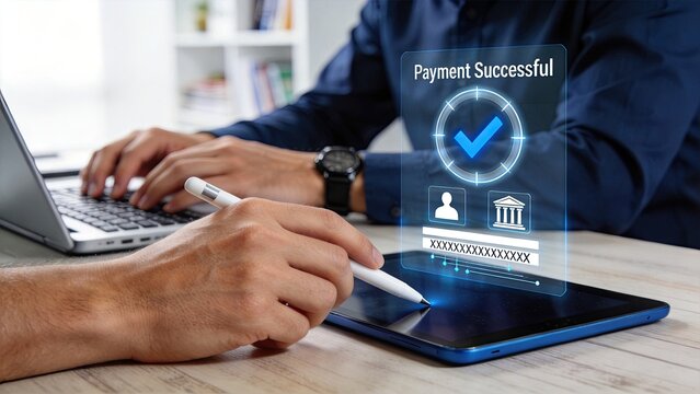 Successful online payment transaction confirmation on tablet screen, secure banking app interface, digital wallet transfer completion, e-commerce checkout process finish, fintech