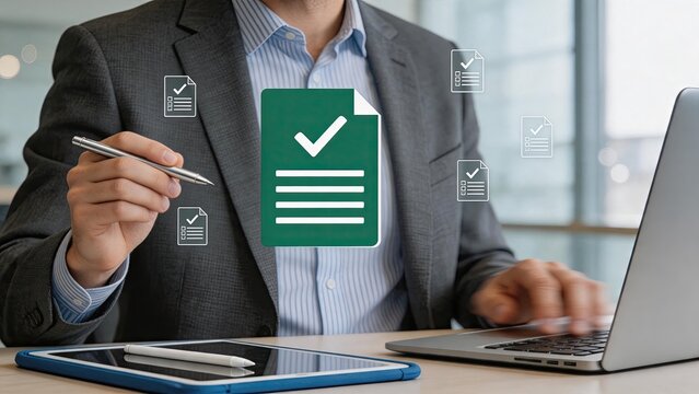 Professional signing digital documents with stylus on tablet and laptop, surrounded by floating file icons representing electronic contract verification, legal agreement