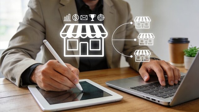 Business strategy planning for retail store franchise expansion with shop icons and financial symbols, entrepreneur using tablet and laptop to analyze market growth and commercial