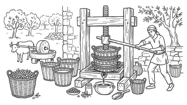 A person is operating a traditional wooden press in a studio workshop setting.