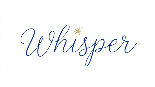 Whisper word written in blue cursive script typography with a small gold star icon above the letter i on a plain white background