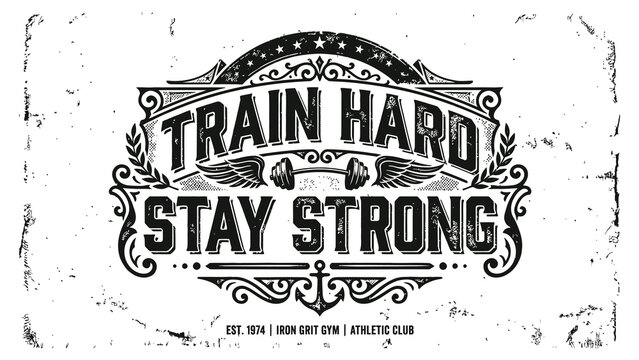 A motivational gym sign says train hard stay strong with weights