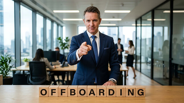 Businessman in office with offboarding blocks