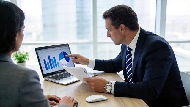 Businessman presenting financial charts on laptop to colleague during meeting, pointing at pie graph and bar diagram, corporate teamwork discussion and strategic planning session