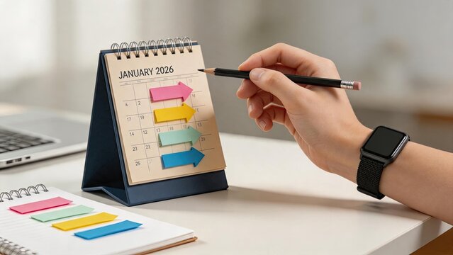 Strategic planning concept with desk calendar for January 2026 and colorful arrow sticky notes marking important dates, business goal setting and time management organization tool.