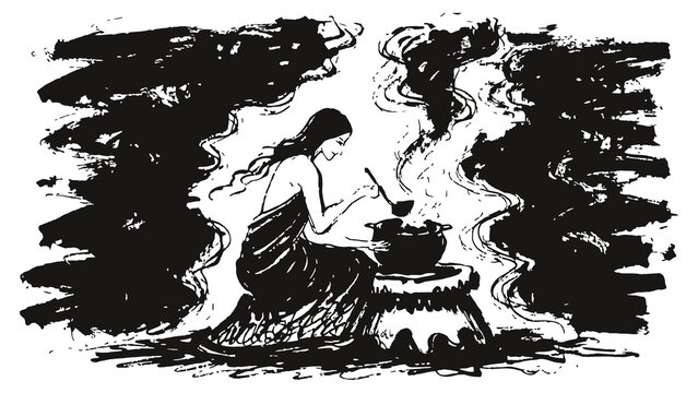 Woman stirs bubbling cauldron in dark mystical forest surrounded by trees