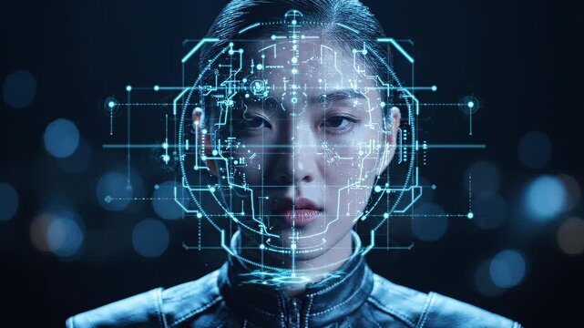 Woman with glowing blue circuit grid overlay and hexagonal neck light against dark bokeh background