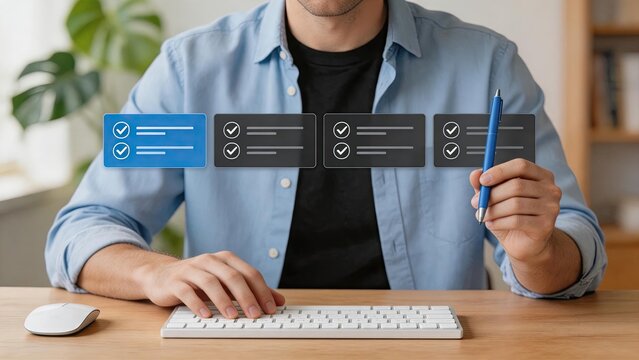 Businessman completing digital checklist on computer keyboard, task management productivity workflow efficiency organization planning goal achievement success progress tracking
