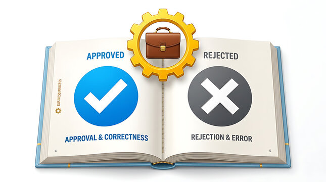 Book with approval and rejection symbols