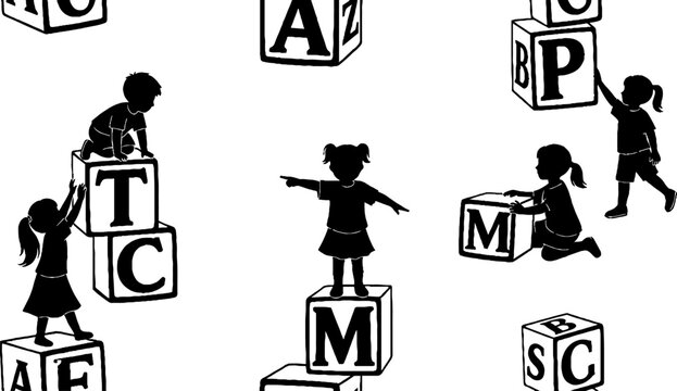 Children playing with alphabet blocks silhouette illustration.