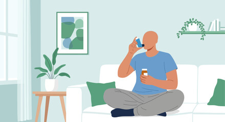 Fototapeta premium Man using asthma inhaler on couch, breathing difficulty, respiratory health concept