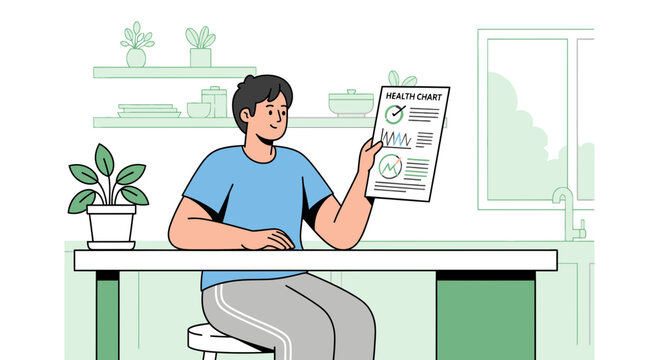 Man reviewing health chart at home, healthy lifestyle concept