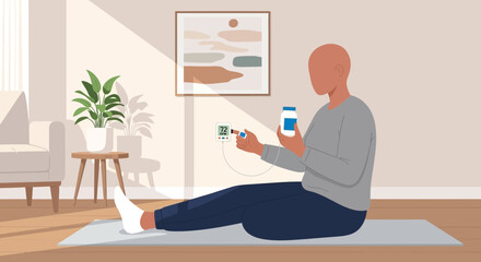 Fototapeta premium Person monitors health at home with pulse oximeter and app