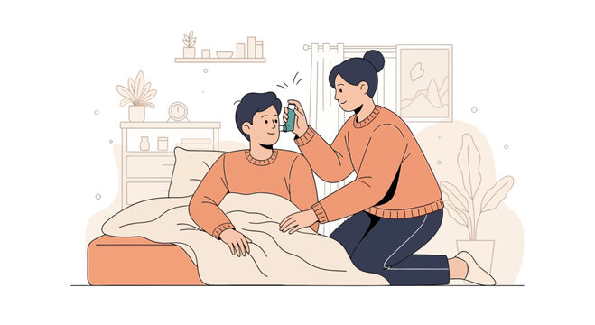 Woman Assists Sick Man with Inhaler in Bed, Home Healthcare Concept