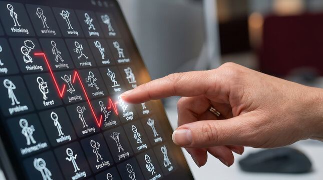 Hand interacting with digital stick figure icons