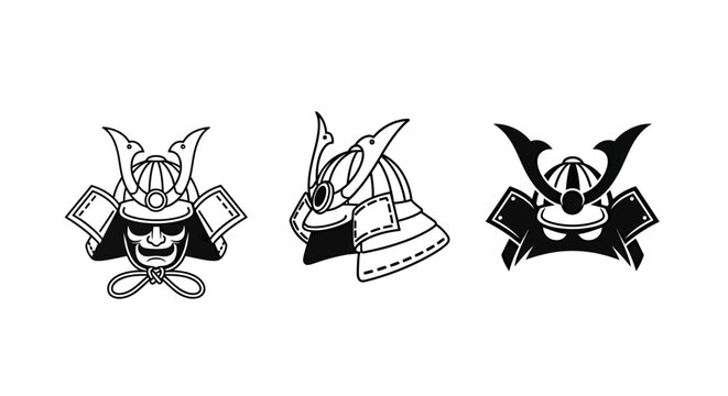 Three Traditional Japanese Samurai Helmet Illustrations Black Ink.