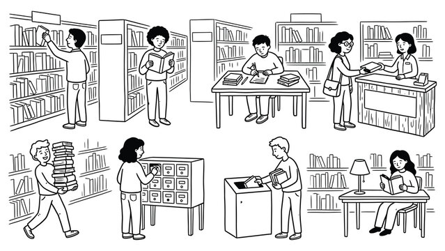 Workers in a busy office setting with people interacting and working