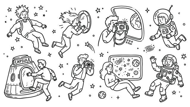 Astronauts explore space with cameras and equipment on a mission