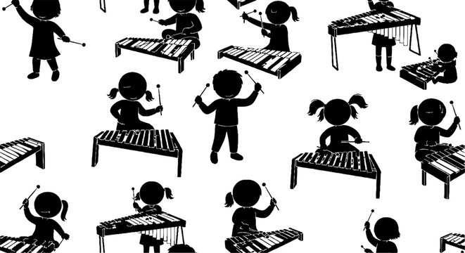 Children Playing Silhouette Style Marimba Instruments Pattern.