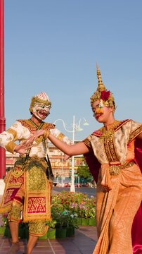 Masked Hanuman and Suphannamatcha Perform Traditional Thai Khon Dance in Bangkok