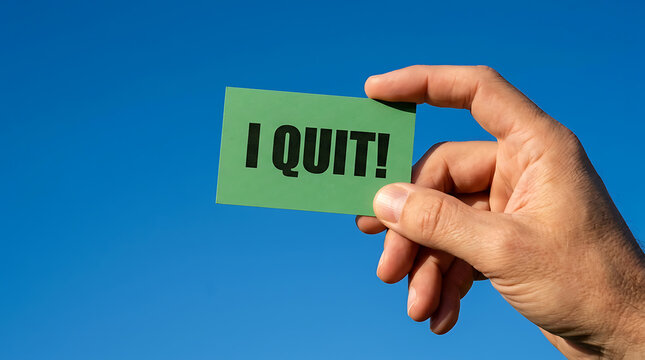 Hand holding card with I QUIT text