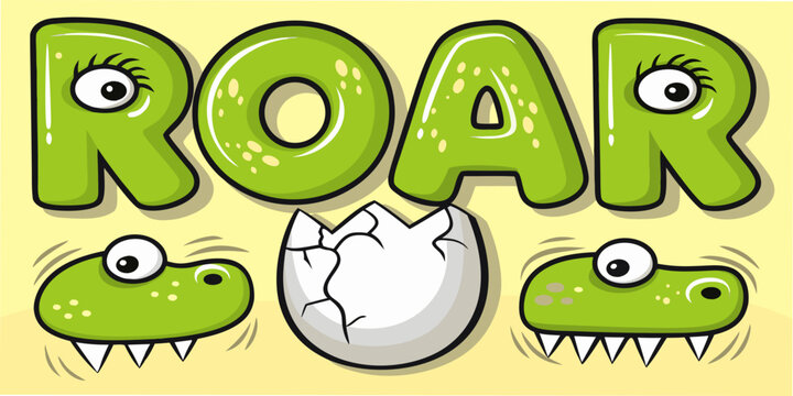 Roar lettering with dinosaur heads and cracked eggshell vector illustration