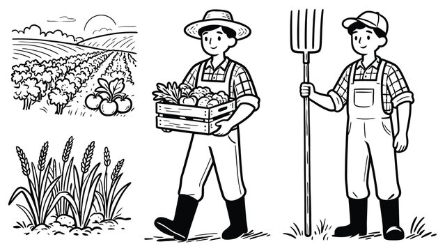 Farmers harvesting crops in a field with wheat and tools nearby