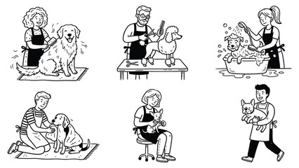 Fototapeta premium People are grooming and walking dogs in various styles and settings.