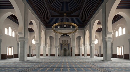 Fototapeta premium Grand Islamic Prayer Hall Interior with Elegant Arches and Wooden Ceiling for Religious Culture and Spiritual Design