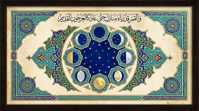 Islamic Arabic Calligraphy Art Moon Phases Mandala Vintage Manuscript Style Poster for Spiritual Home Wall Decor