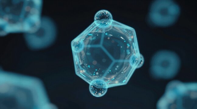 clean, scientific 3D render of transparent blue molecules in a tetrahedral arrangement, symbolizing chemistry, biotechnology, and medical innovation with a dark, futuristic aesthetic