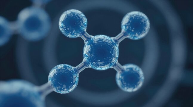 clean, scientific 3D render of transparent blue molecules in a tetrahedral arrangement, symbolizing chemistry, biotechnology, and medical innovation with a dark, futuristic aesthetic