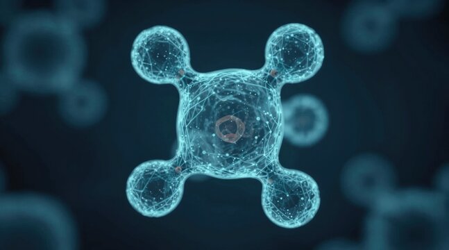 clean, scientific 3D render of transparent blue molecules in a tetrahedral arrangement, symbolizing chemistry, biotechnology, and medical innovation with a dark, futuristic aesthetic