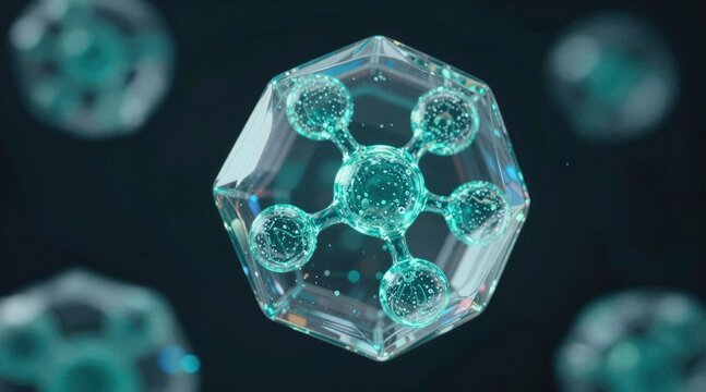 clean, scientific 3D render of transparent blue molecules in a tetrahedral arrangement, symbolizing chemistry, biotechnology, and medical innovation with a dark, futuristic aesthetic